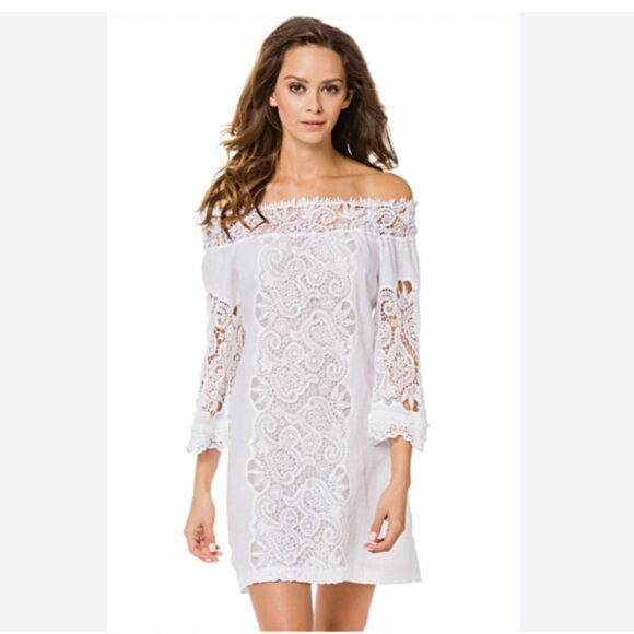 Temptation Positano White Crochet Lace Off-Shoulder Trani Linen Dress Tunic Sm - Picture 1 of 14